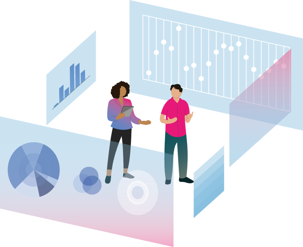 Zwei Personen inmitten von vier Projektionen verschiedener Datendiagrammen