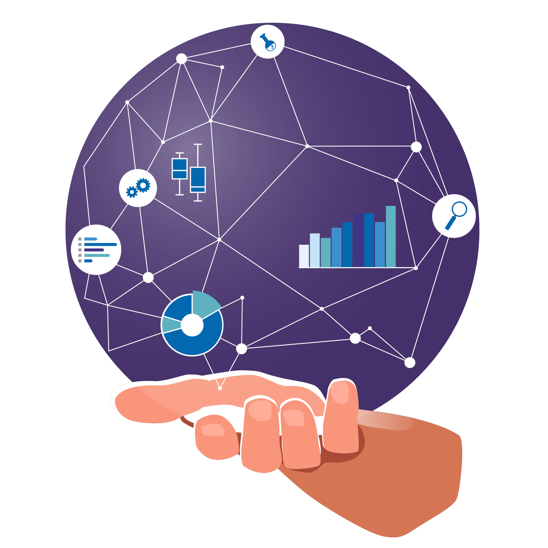 stilisierte Hand, die eine angedeutete Glaskugel hält, in der Daten und statistische Graphiken netzwerkartig miteinander verbunden sind