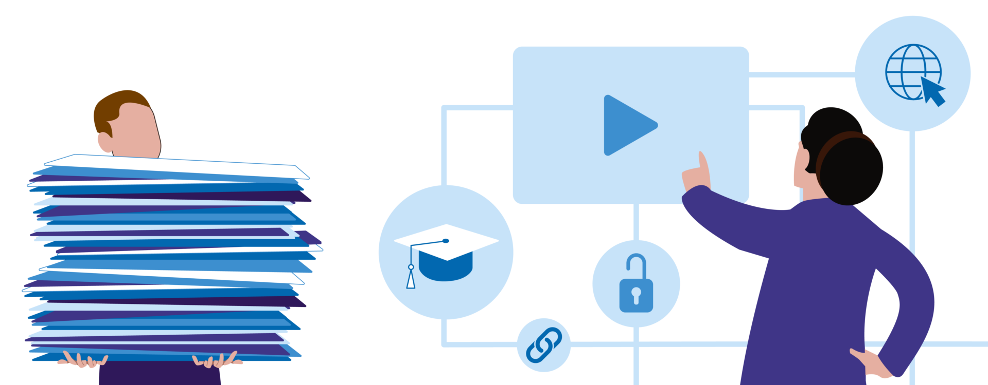 Illustration von zwei Menschen, Person links trägt hohen Papierstapel, Person rechts interagiert mit digitalen Daten