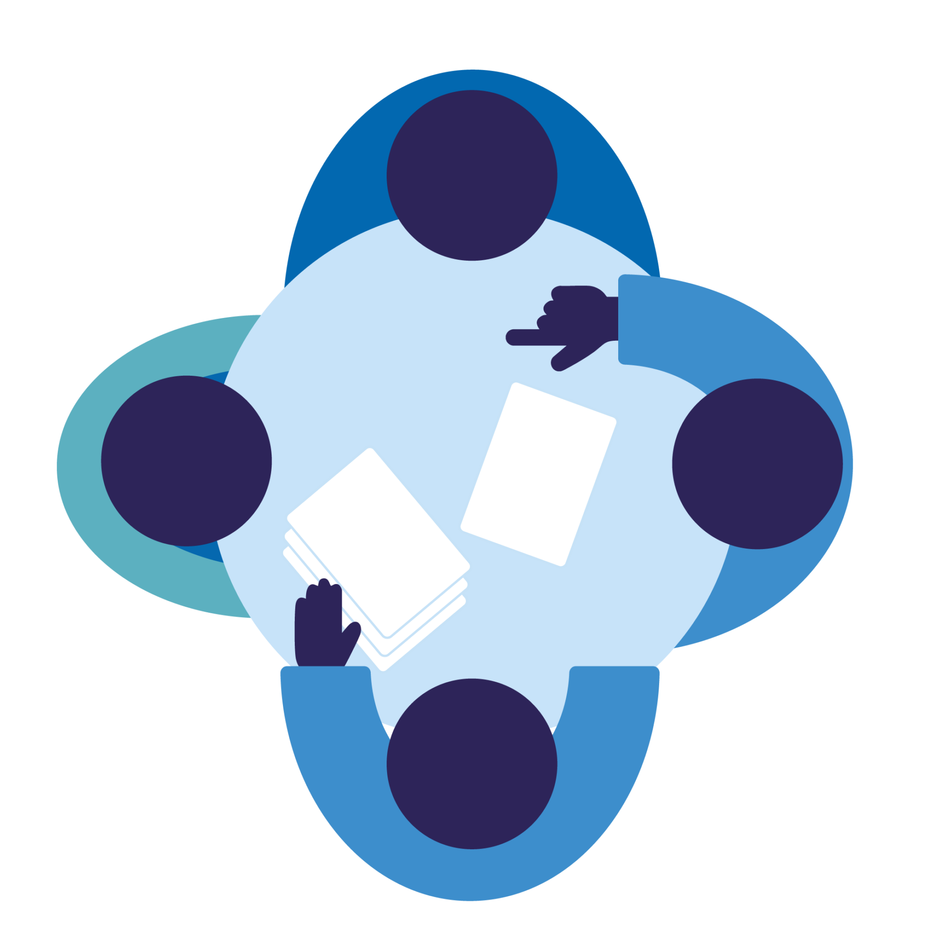 Piktogramm eines Tisches von oben, vier Menschen arbeiten zusammen